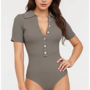 short sleeve ribbed bodysuit with popper button closure, styled with denim shorts and sandals for casual summer look